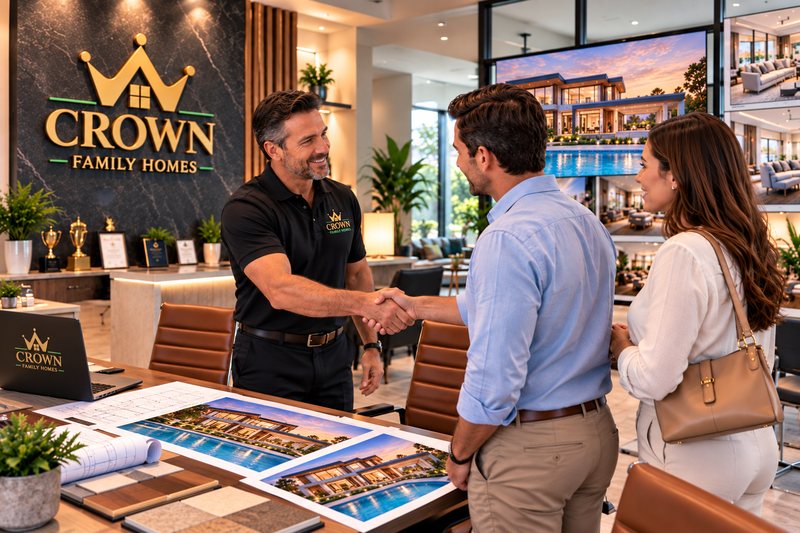 Crown Family Homes builder shaking hands with clients at a home building consultation in Melbourne
