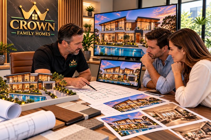 Reviewing floor plans and a model home with clients