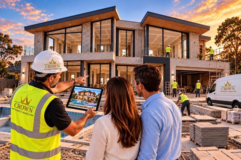 Crown Family Homes builder showing clients the progress of their new home on a Melbourne building site